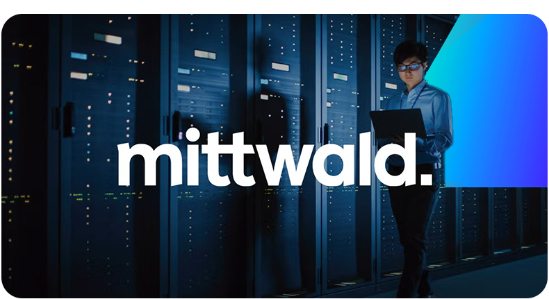 Image of employee in server room with a mittwald logo overlay