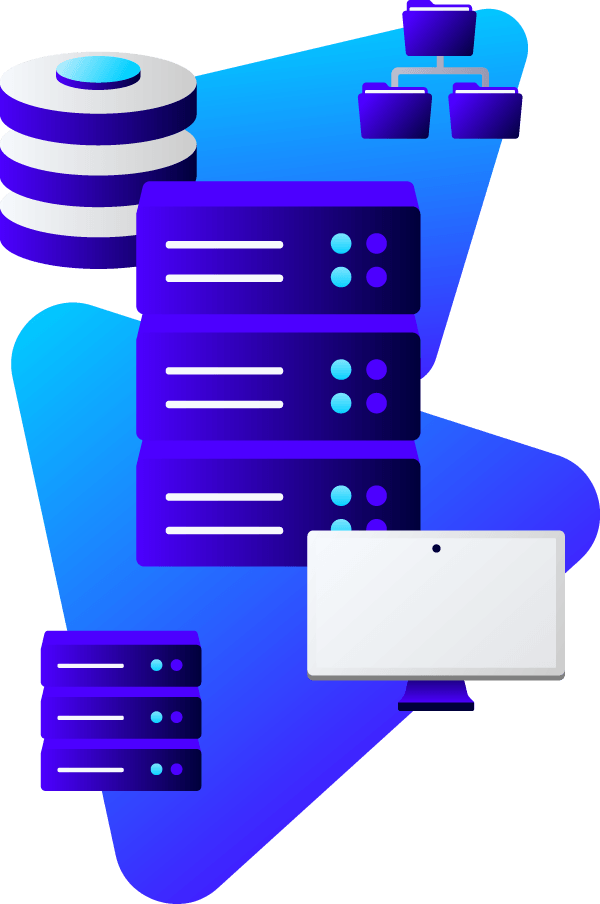 Server tower connecting to database, files, computer, and server.