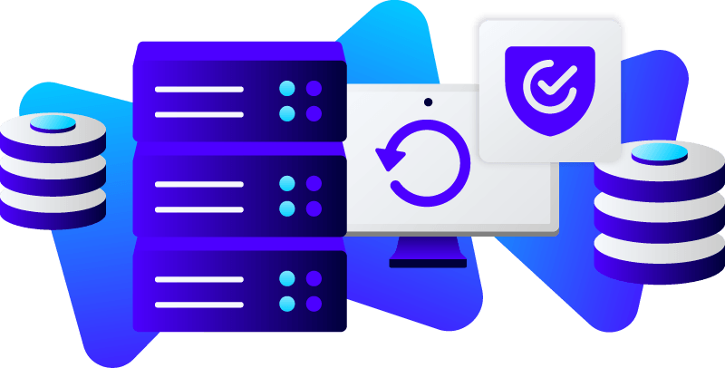 Data recovery and protection icons with server, databases, and computer.