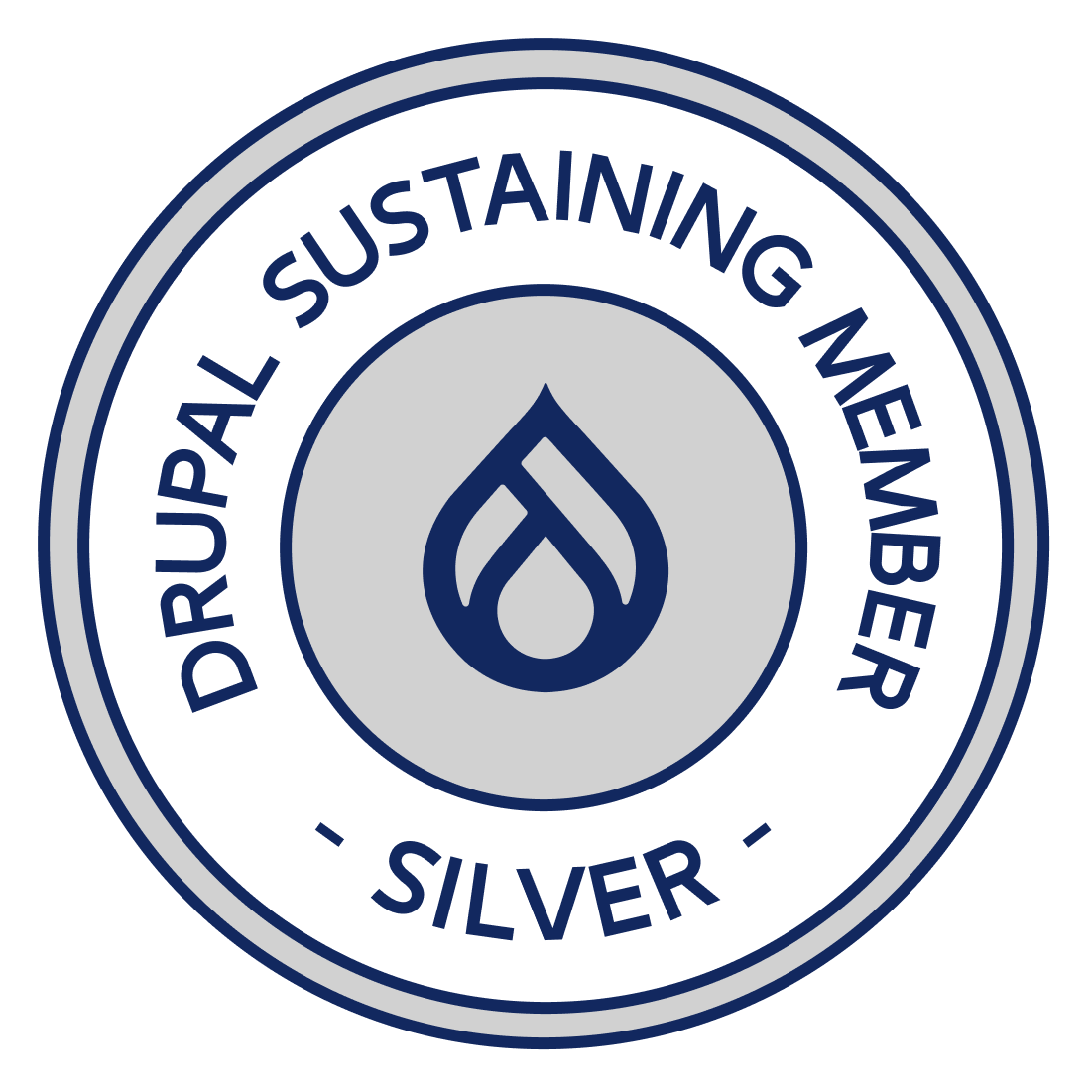 A circular badge with the Drupal logo in the center, surrounded by the text "Drupal Sustaining Member Silver."