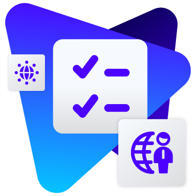 A checkmark list icon with a globe and person symbol, set on a blue gradient background.