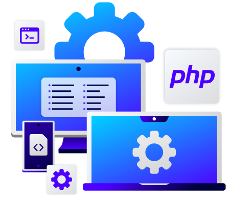 Digital devices and icons related to coding and software development, including gears, code snippets, and a PHP logo.