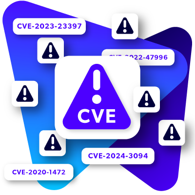 Multiple warning icons with CVE identifiers overlapping on a dark blue background.