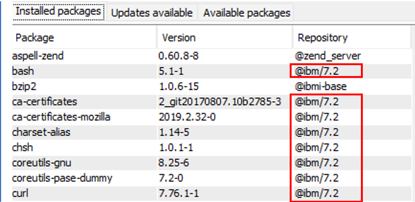 IBM i OSPM displaying IBM i 7.2 packages