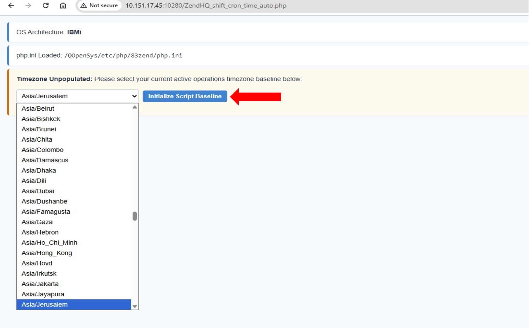 the screen that displays while selecting the timezone and initializing the baseline in ZendHQ