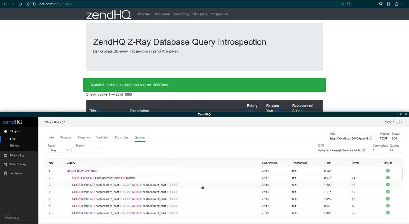 screenshot of zendhq database queries tab