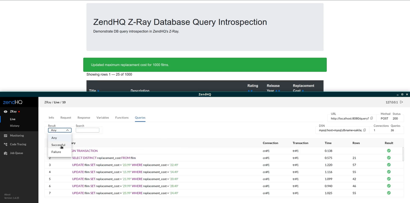 screenshot showing zendhq filters for database query tab