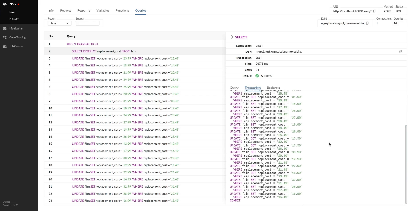 screenshot of zendhq database query transaction tab