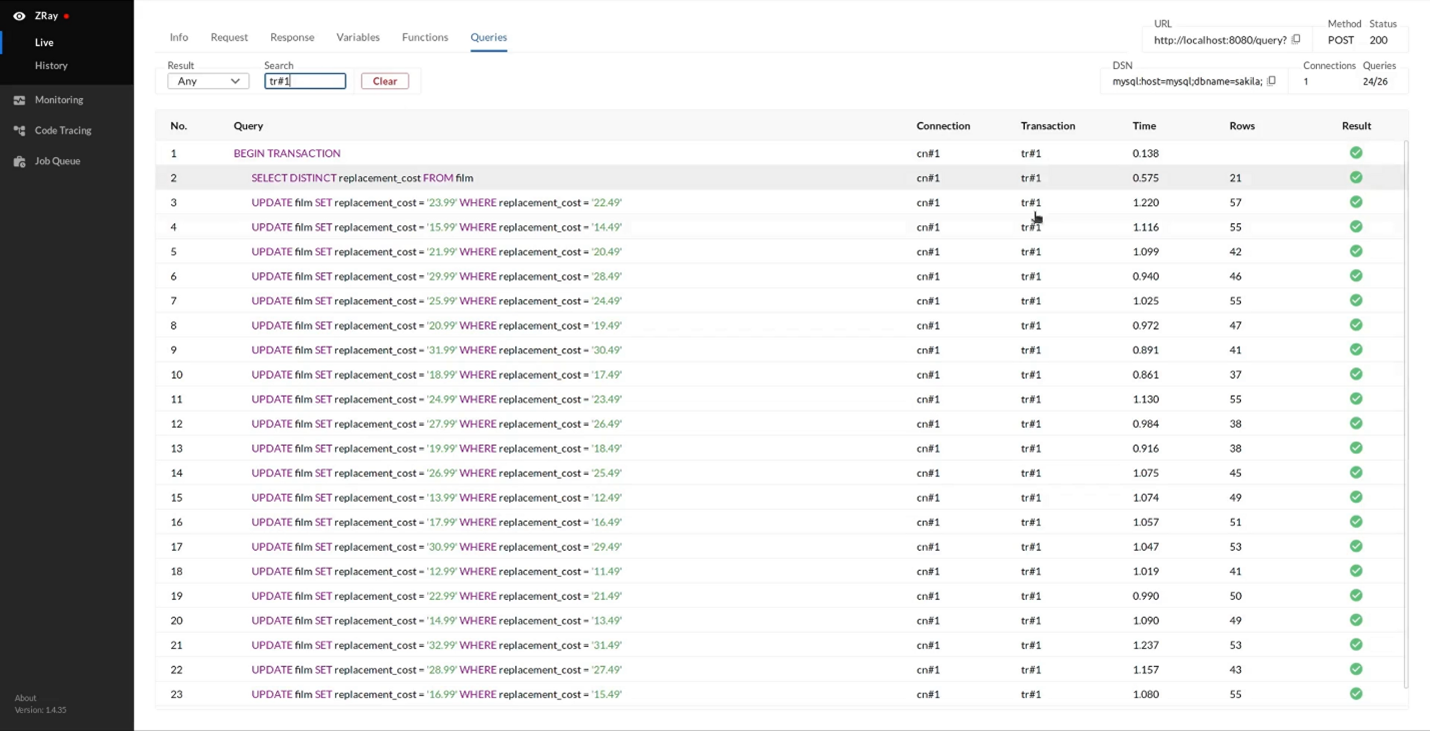 screenshot of zendhq database queries tab filter functionality