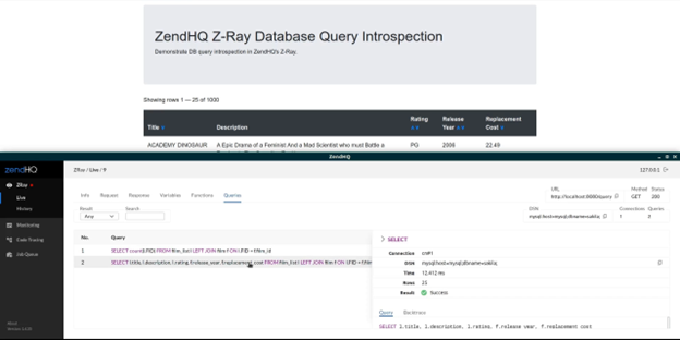 image showing ZendHQ database query introspection showing fully query