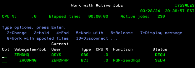screenshot showing zendhq subsystem with active jobs