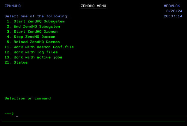 screenshot showing zendhq menu in ibmi