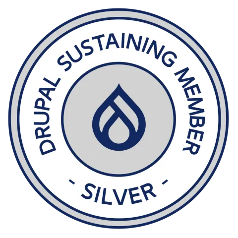 A circular badge with the Drupal logo in the center, surrounded by the text "Drupal Sustaining Member Silver."