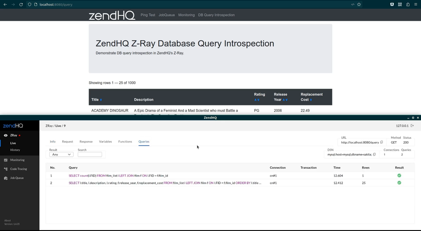 image showing ZendHQ Z-Ray Database Query Introspection